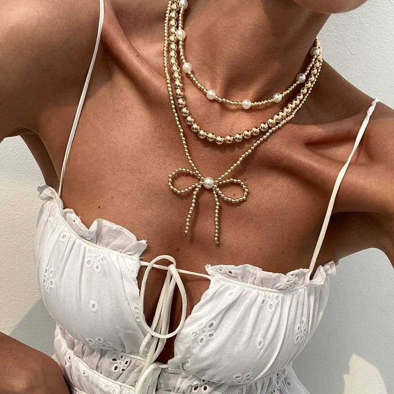 MULTILAYER BALL CHAIN BEAD PEARL BOW NECKLACE SET
