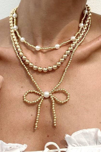 MULTILAYER BALL CHAIN BEAD PEARL BOW NECKLACE SET