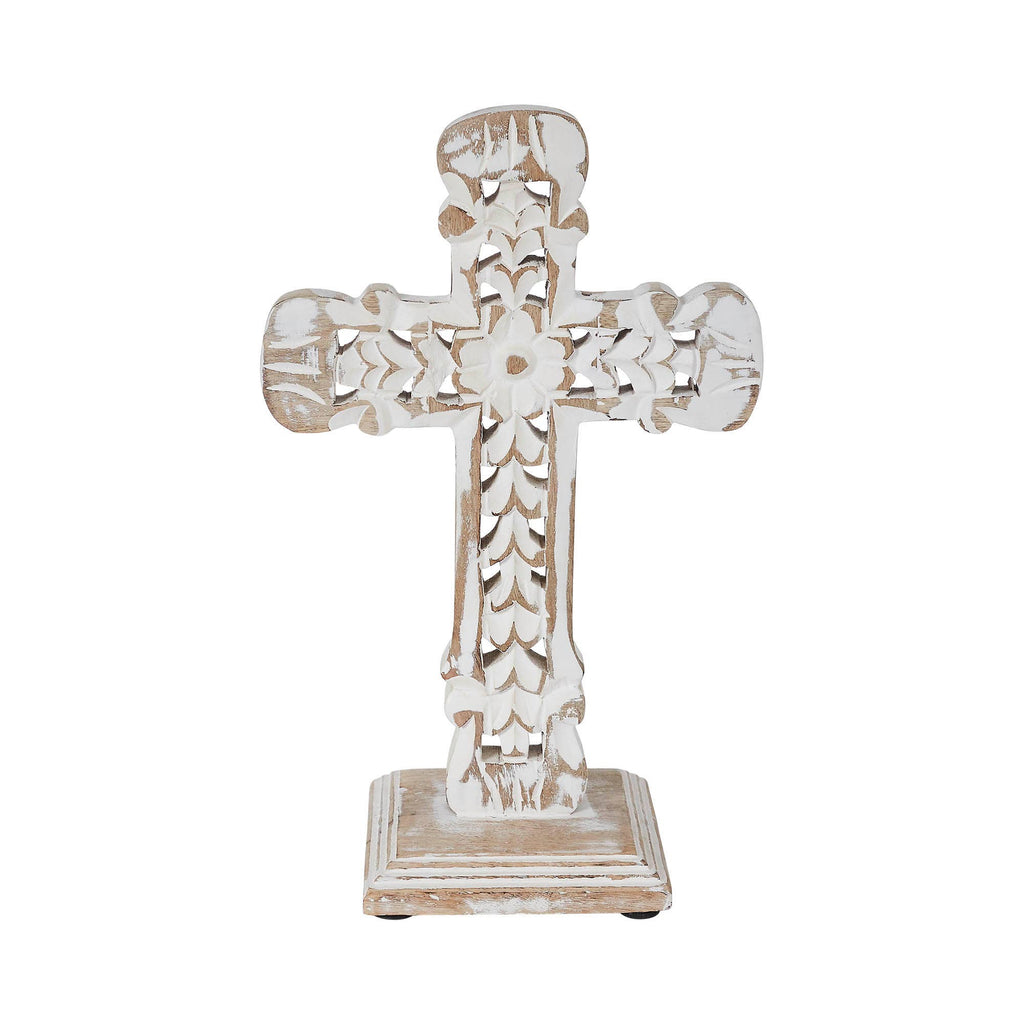 Natural Distressed White Wooden Cross w/ Rosette