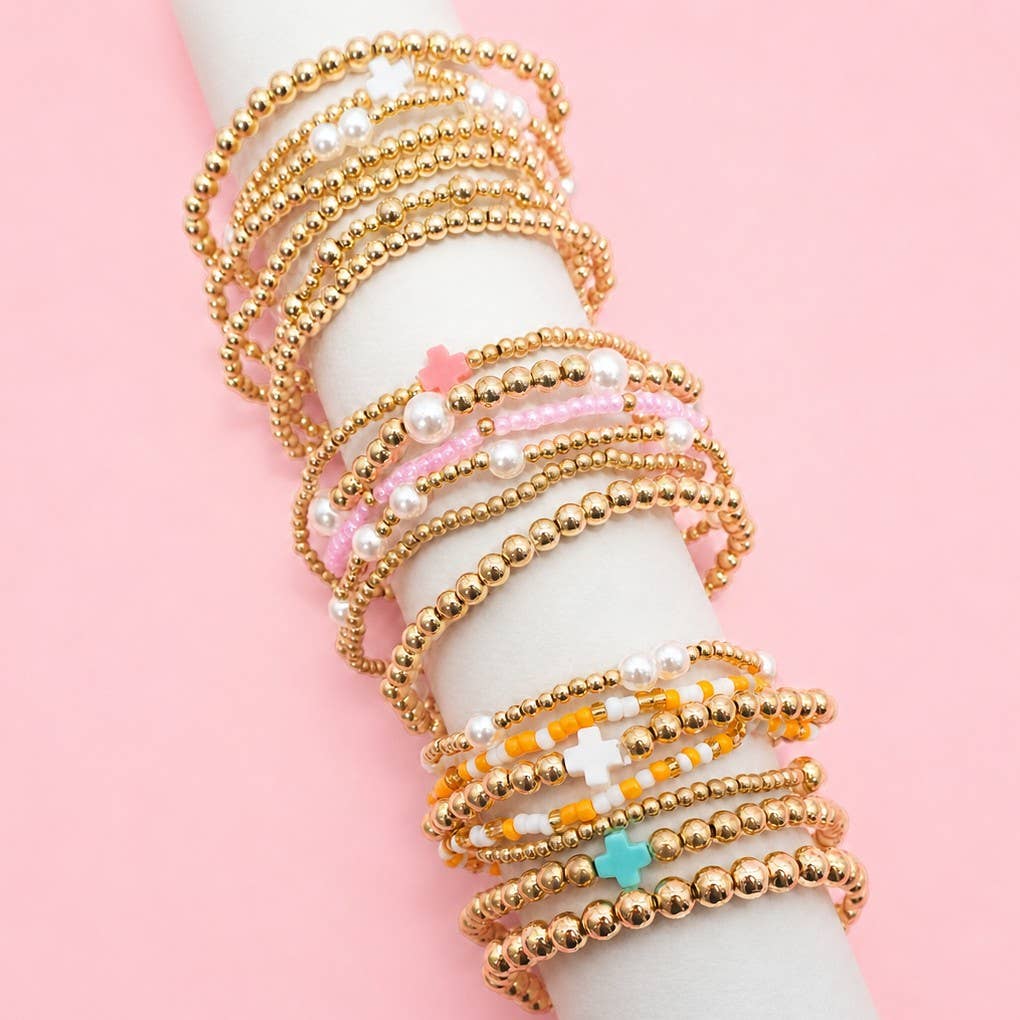 PEARL BEADED CROSS STRETCHABLE BRACELET