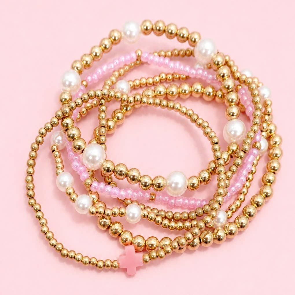 PEARL BEADED CROSS STRETCHABLE BRACELET