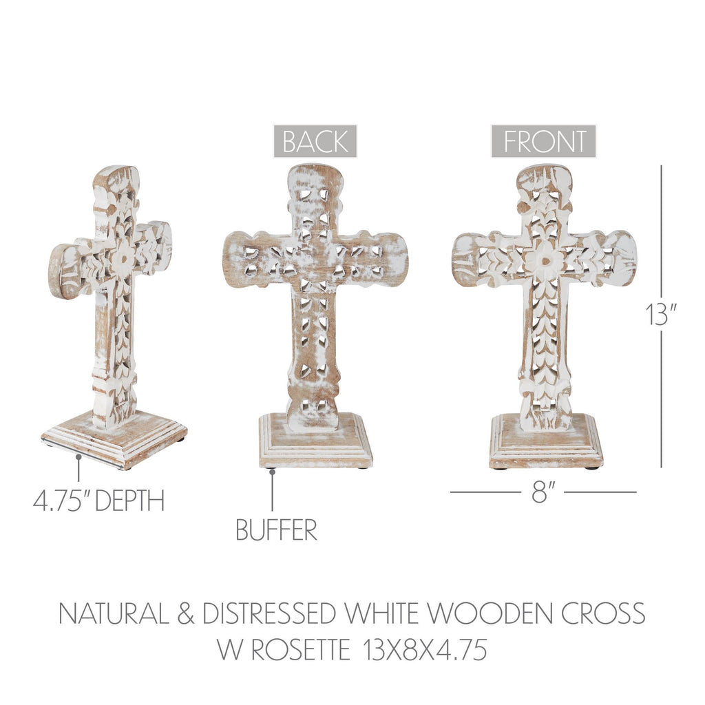 Natural Distressed White Wooden Cross w/ Rosette