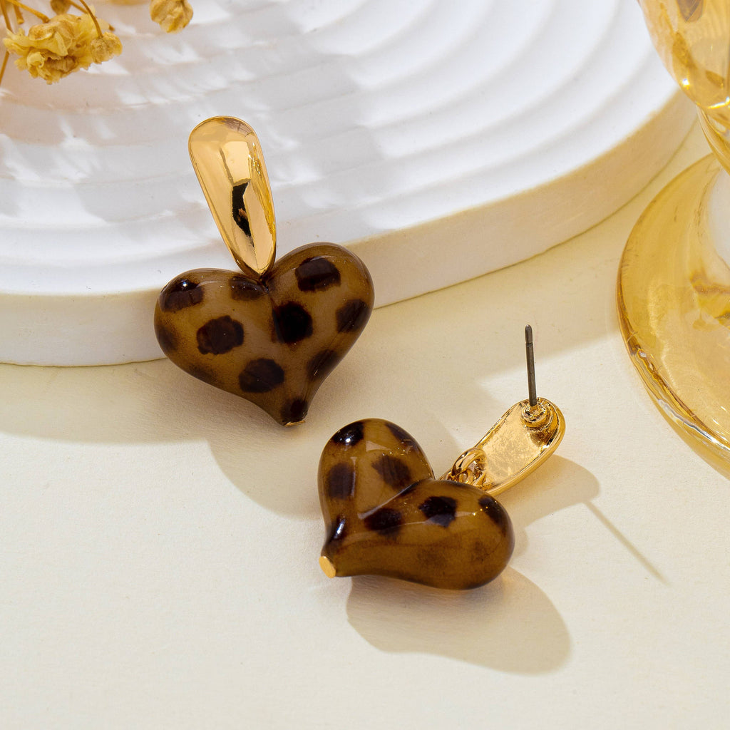 Animal Leopard Resin Heart Drop Earrings