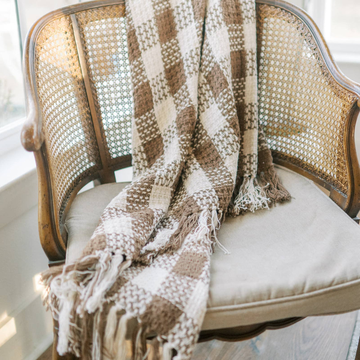 Cocoa Brown Heritage Check Throw Blanket with Fringe