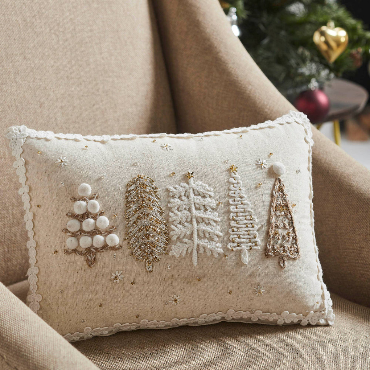 5 Christmas Trees White Throw Pillow
