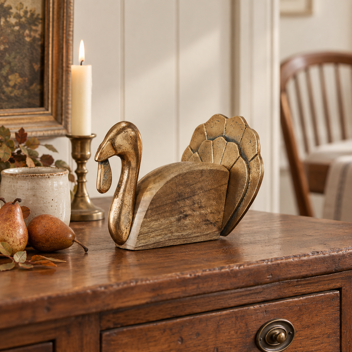 Wooden Turkey w/ Burnished Gold Rustic Fall Decor