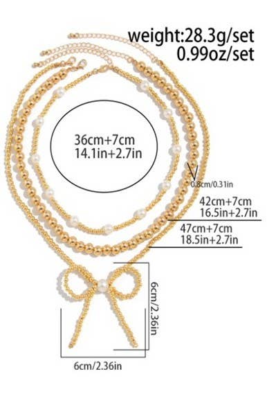 MULTILAYER BALL CHAIN BEAD PEARL BOW NECKLACE SET