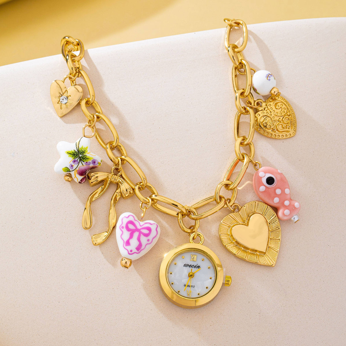 Vintage Pink Polka Dot Charm Watch Bracelet