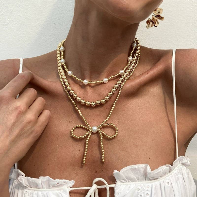 MULTILAYER BALL CHAIN BEAD PEARL BOW NECKLACE SET