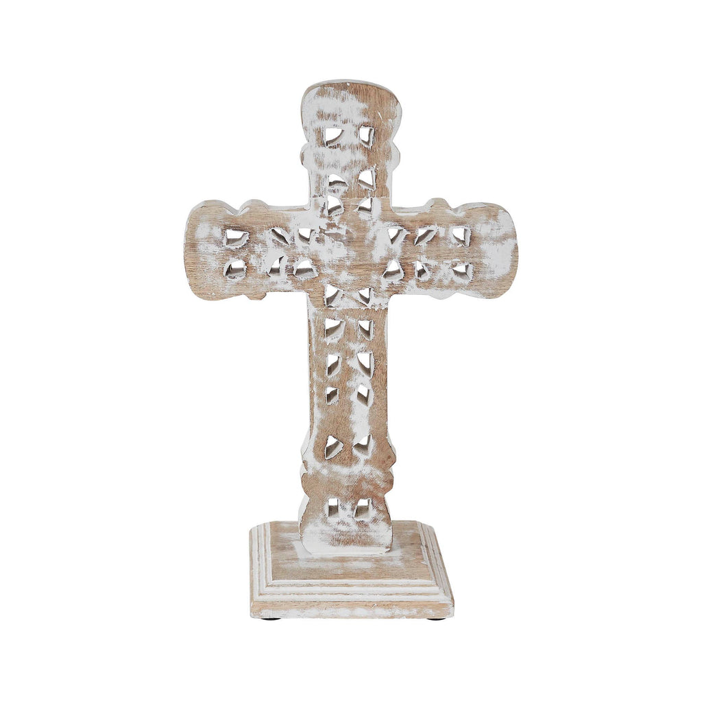 Natural Distressed White Wooden Cross w/ Rosette