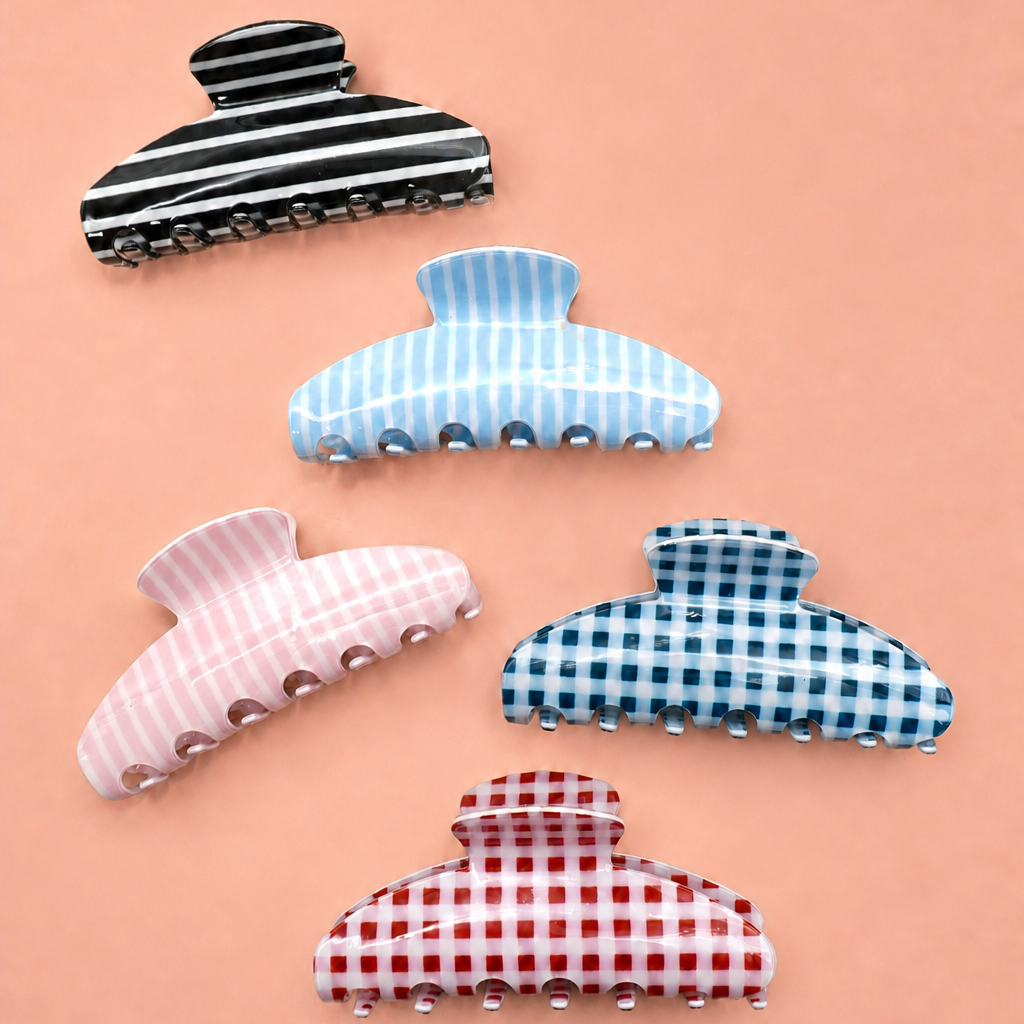 JUMBO STRIPE PLAID OVAL HAIR CLAW CLIP